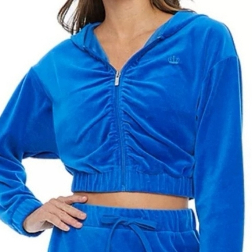 Juicy Couture Royal Crown Blue Velour Crop Hoodie Jacket XS